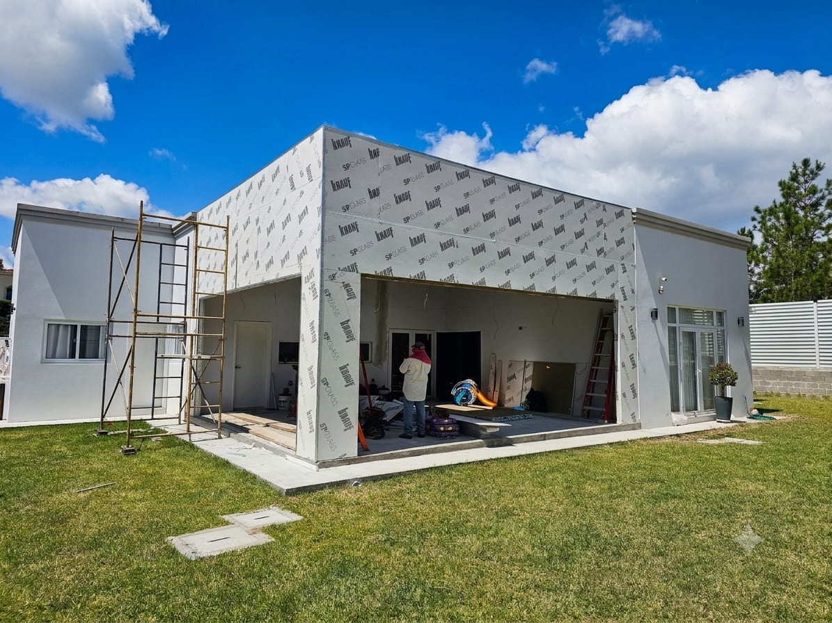 Casa en construcción en Honduras con andamios y acabados en proceso por Innova Forza